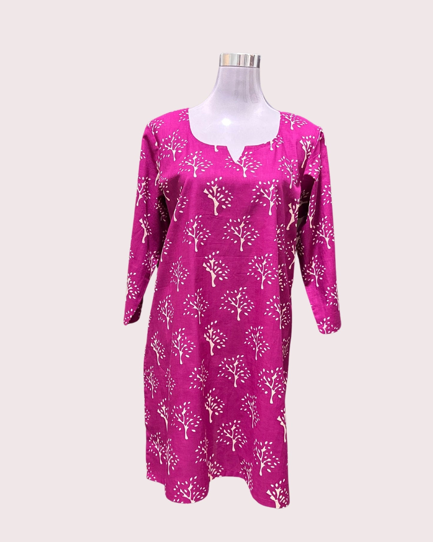 Women's Pure Cotton Knee Length Kurta (2XL) - Bright Pink Trees