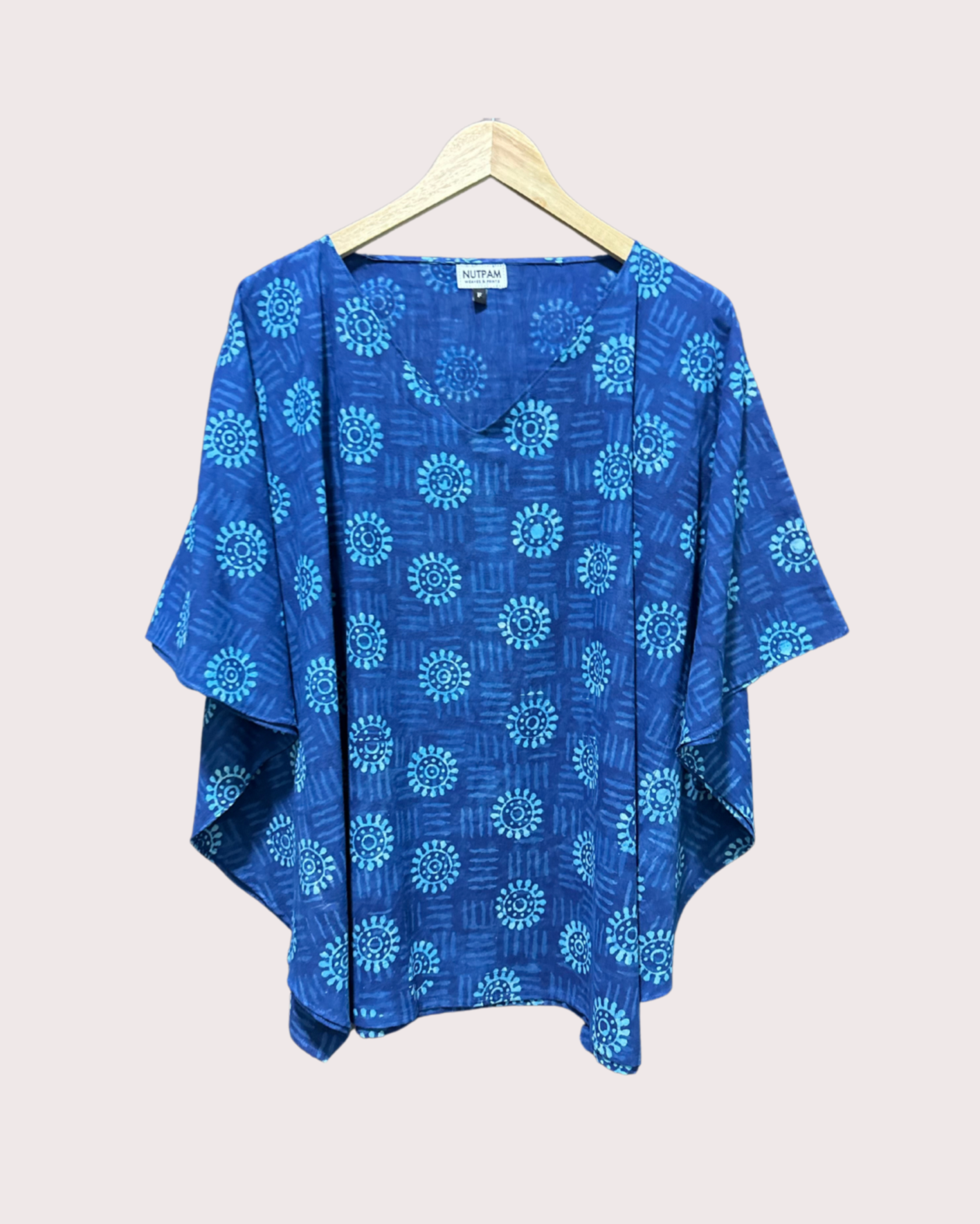 Women's Pure Cotton Hand-Block Print Short Kaftan - Deep Blue Flower Circles