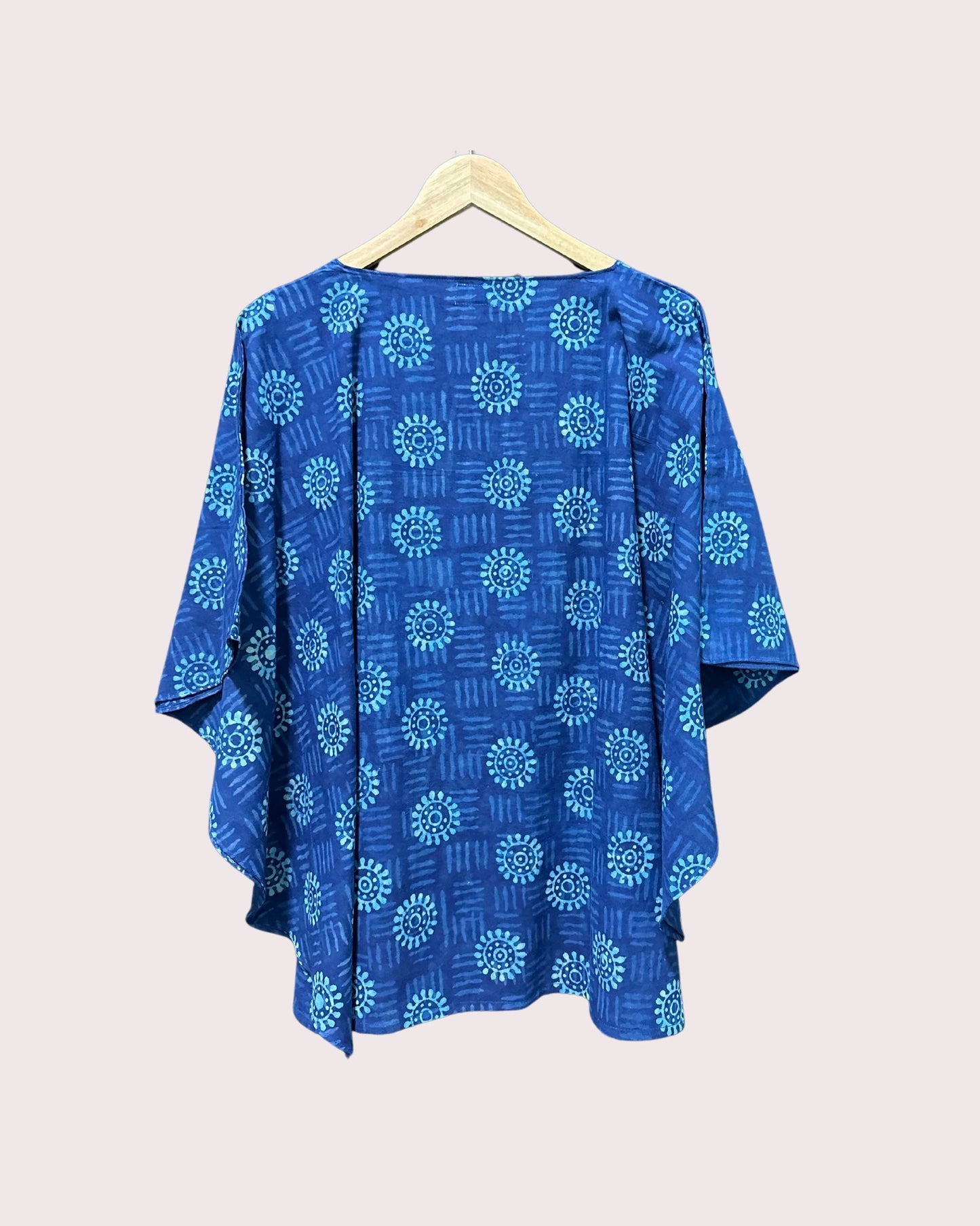 Women's Pure Cotton Hand-Block Print Short Kaftan - Deep Blue Flower Circles