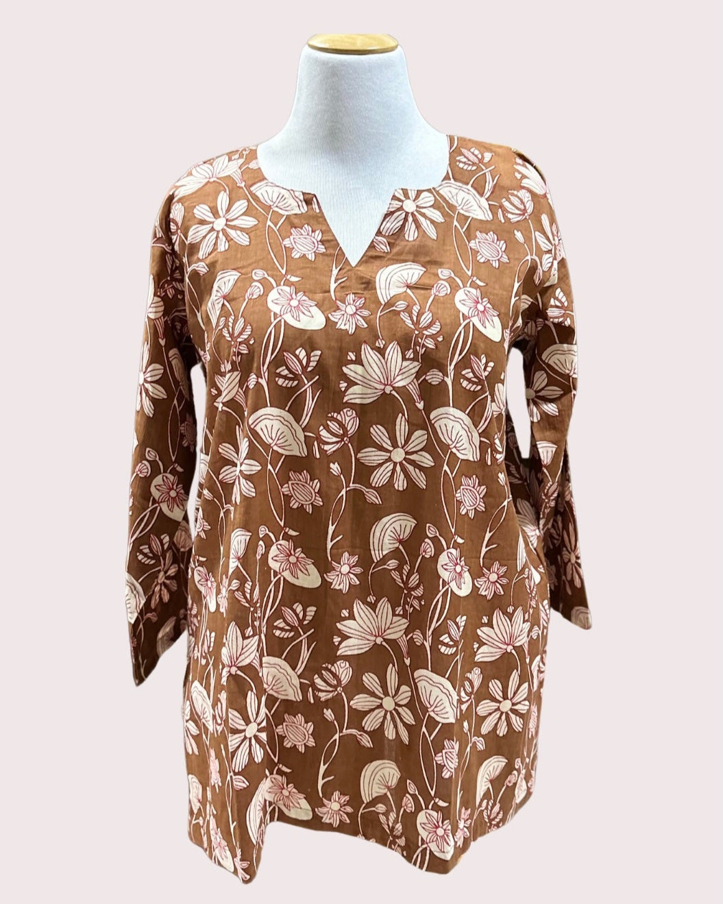 Women's Cotton Kurta (4XL) - Soft Brown with Beige Flowers