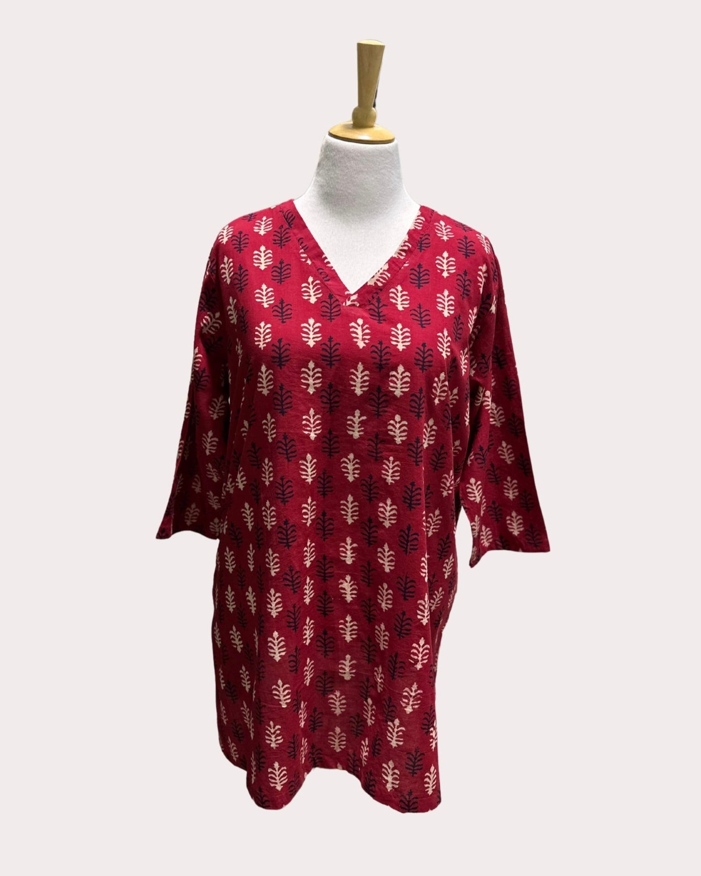 Women's Pure Cotton Short Kurta (4XL) - Deep Red Black Ferns (A-Line)