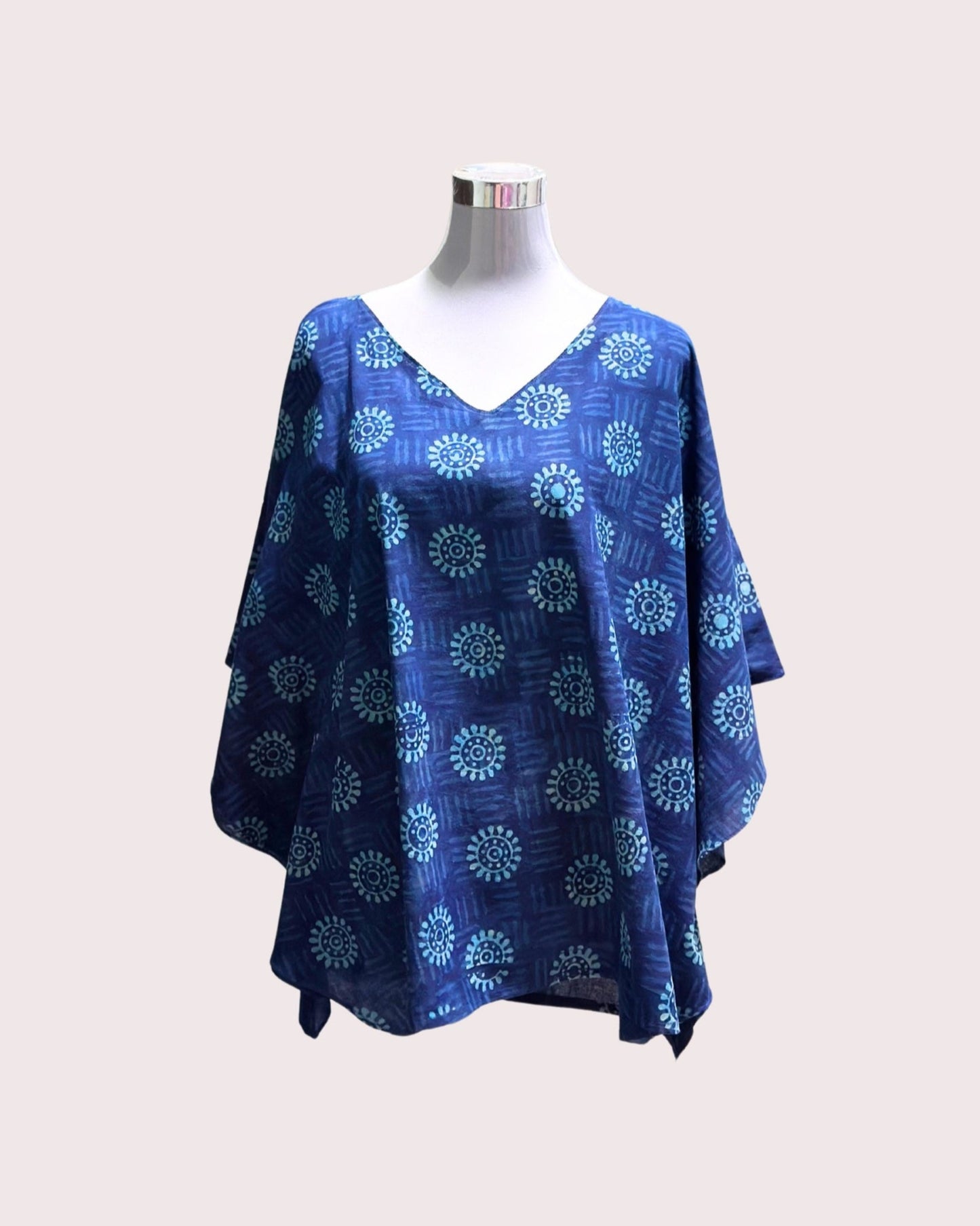 Women's Pure Cotton Hand-Block Print Short Kaftan - Deep Blue Flower Circles