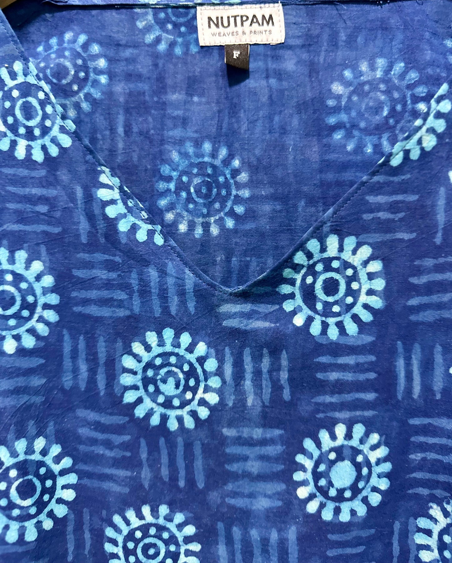Women's Pure Cotton Hand-Block Print Short Kaftan - Deep Blue Flower Circles