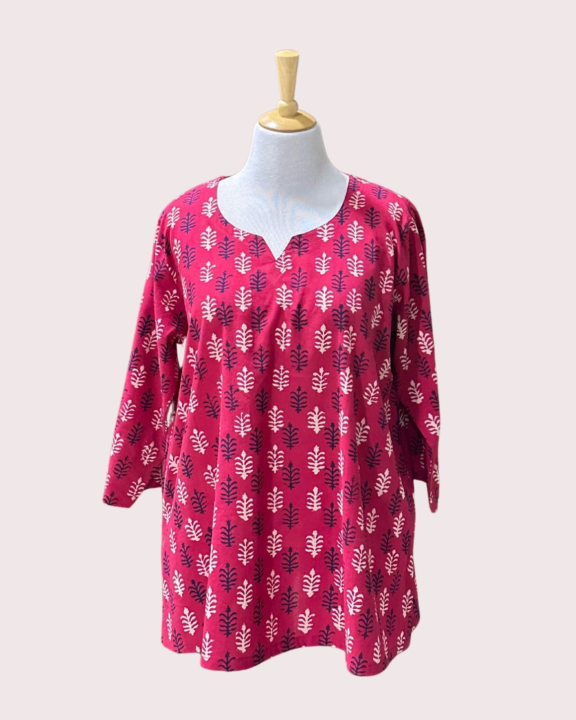 Women's Pure Cotton Short Kurta (3XL) - Deep Red Black Ferns (A-Line)