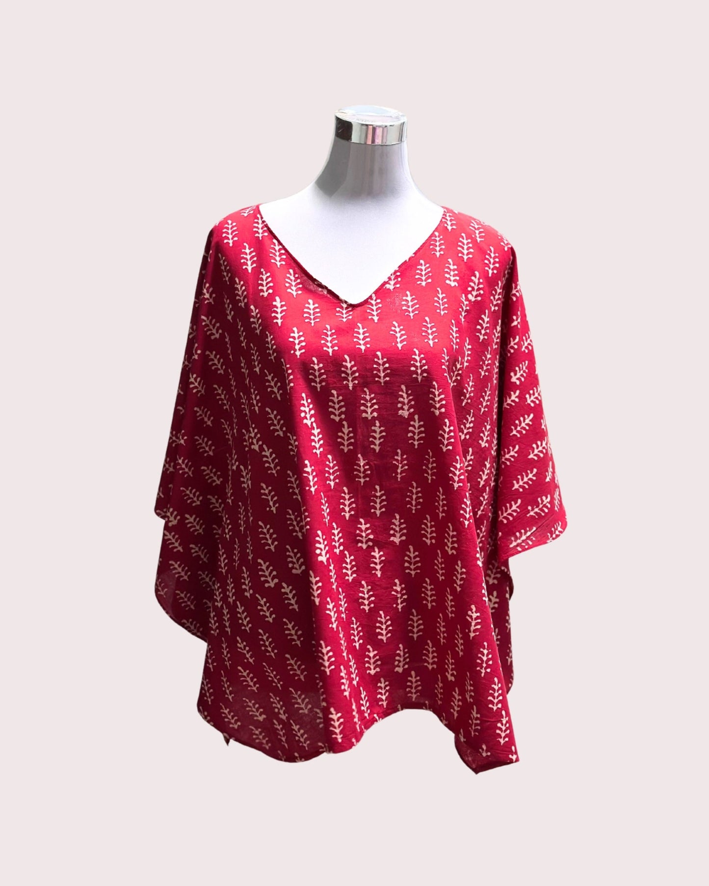 Women's Pure Cotton Hand-Block Print Short Kaftan - Bright Red with White Ferns