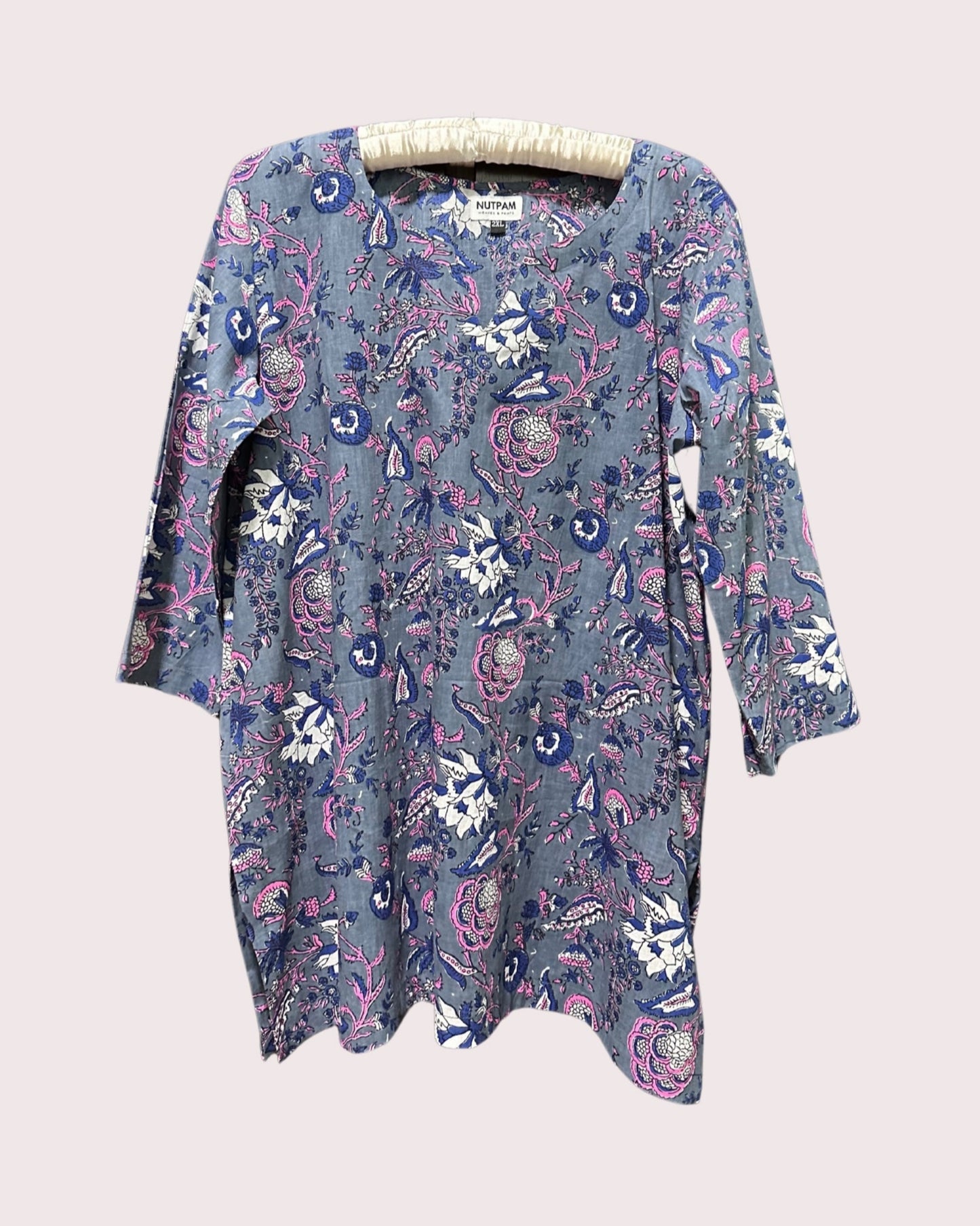 Women's Pure Cotton Short Kurta (2XL) - Dark Grey Wild Vines (A-Line)