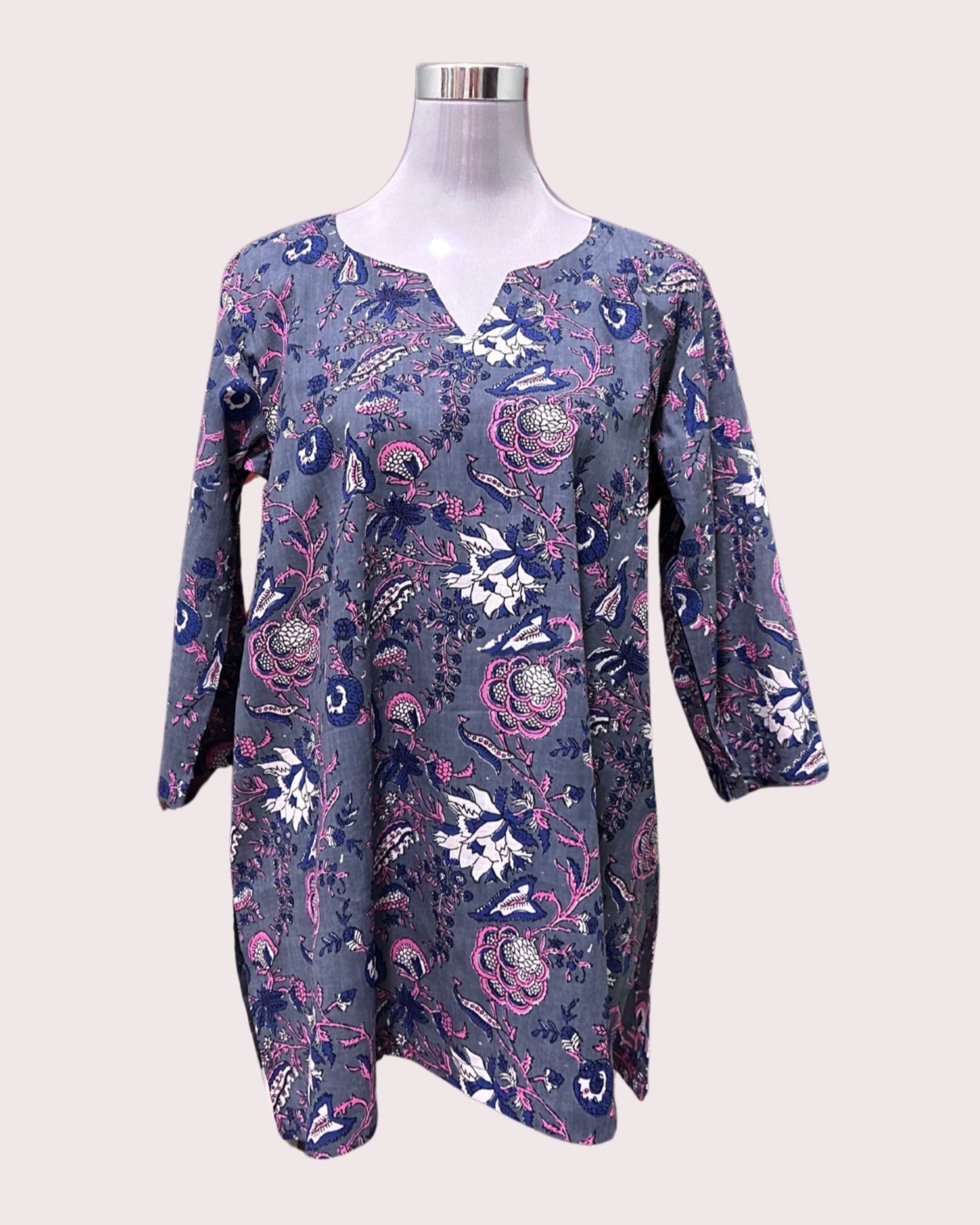 Women's Pure Cotton Short Kurta (2XL) - Dark Grey Wild Vines (A-Line)