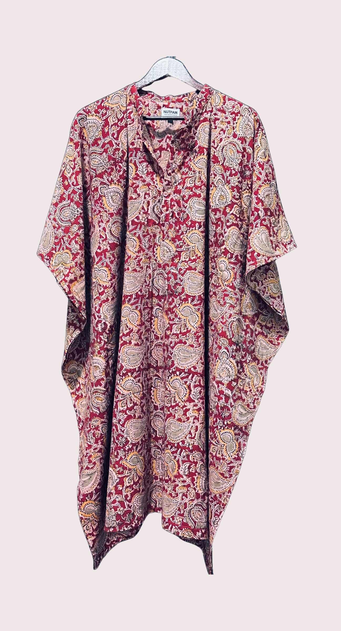 Women's Pure Cotton Hand-Block Print Long Kaftan - Warm Red Kalamkari