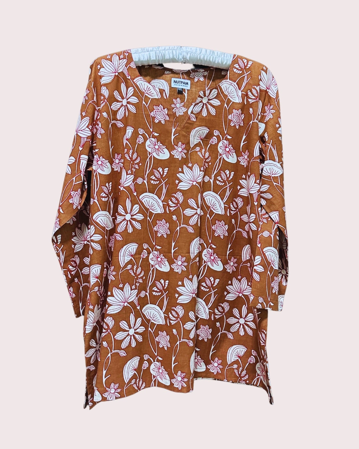 Women's Cotton Kurta (4XL) - Soft Brown with Beige Flowers