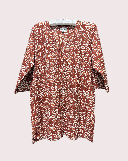 Women's Cotton Kurta (3XL) -  Burnt Orange V-Neck Hand Block Print