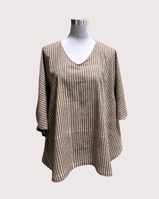 Women's Pure Cotton Hand-Block Print Short Kaftan - Soft Grey Stripes