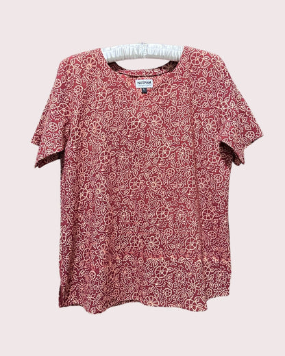 Women's Cotton Short Sleeve Top (L) -  Maroon Floral Vines