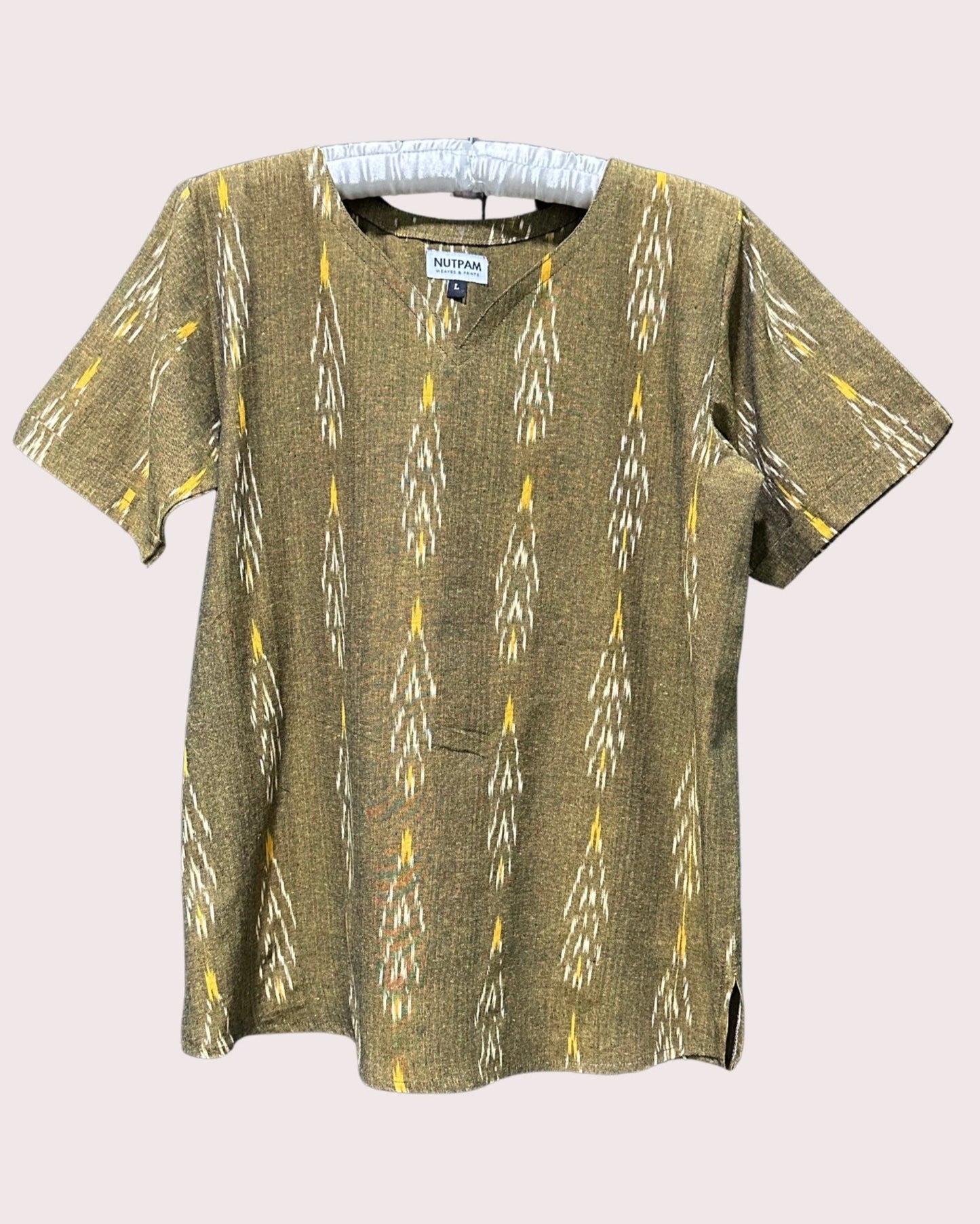 Women's Cotton Short Sleeve Top (L) -  Olive Green Ikat