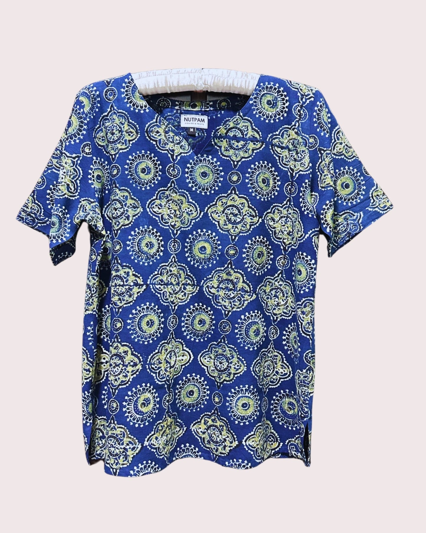 Women's Cotton Short Sleeve Top (M) -  Ajrak Persian Blue