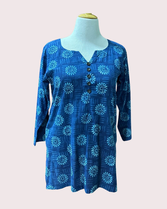 Women's Pure Cotton Short Kurta (XL) -  Deep Blue Flower Circles