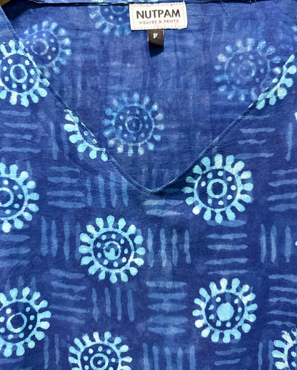 Women's Pure Cotton Hand-Block Print Short Kaftan - Deep Blue Flower Circles