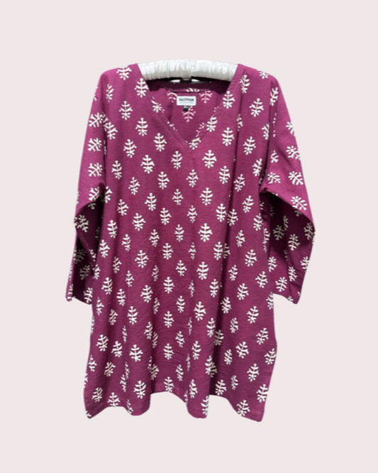 Women's Cotton Kurta (3XL) -  Deep Maroon Floral Fern Leaf