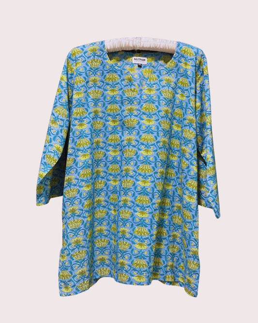 Women's Cotton Kurta (3XL) - Blue with Yellow Blooms