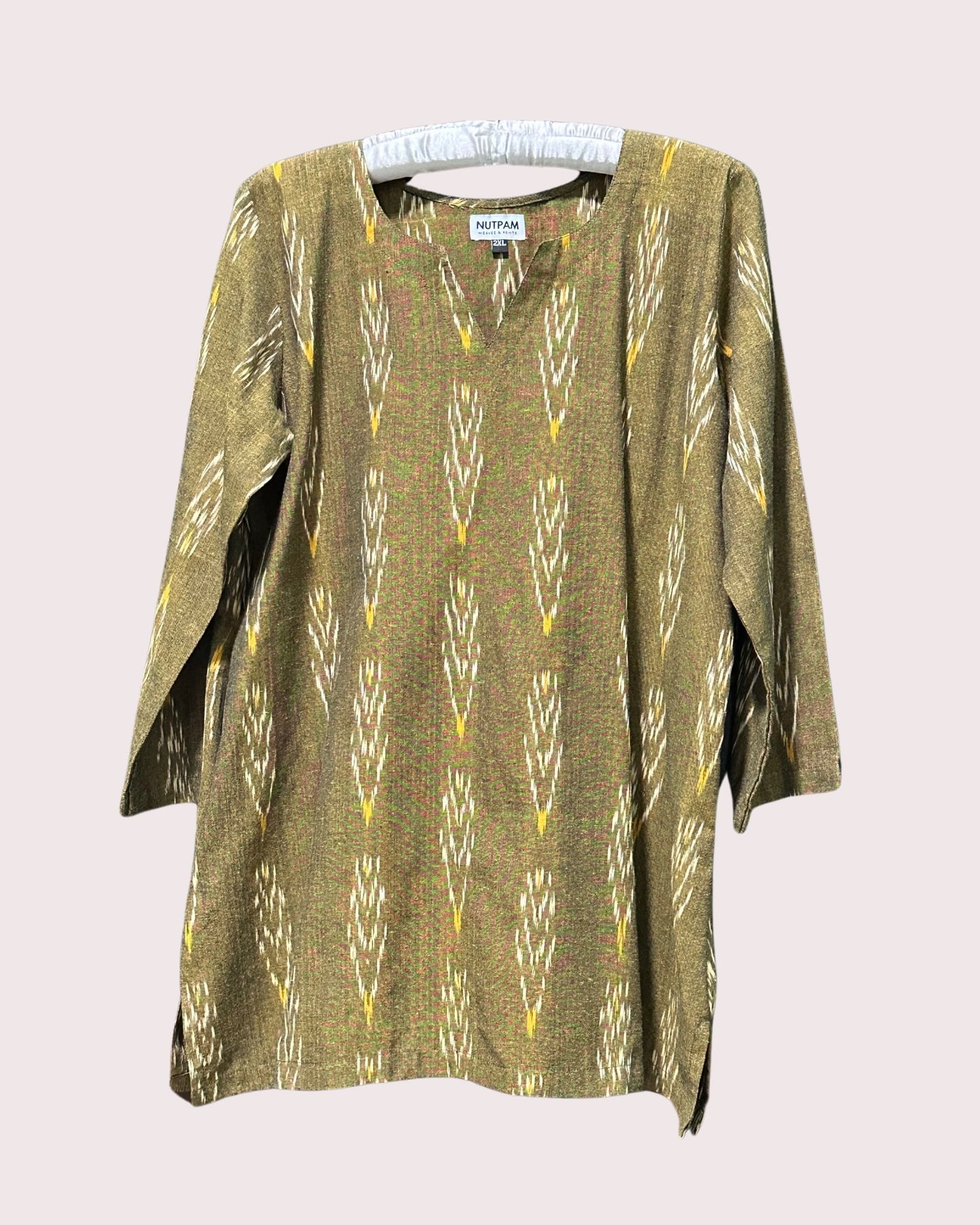 Women's Cotton Kurta (2XL) - Olive Green Ikat