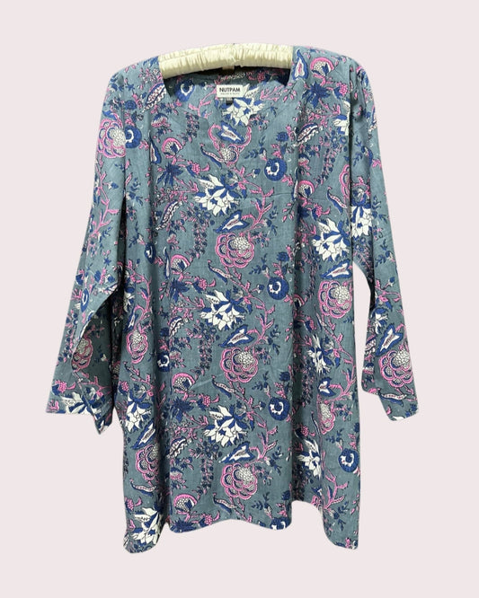 Women's Cotton Kurta (5XL) -  Grey-Pink Flowers