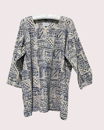 Women's Cotton Kurta (4XL) - Blue-Grey Squares Kalamkari