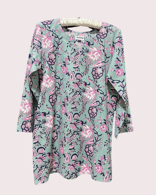 Women's Cotton Kurta (L) -  Ice Blue with Pink Flowers