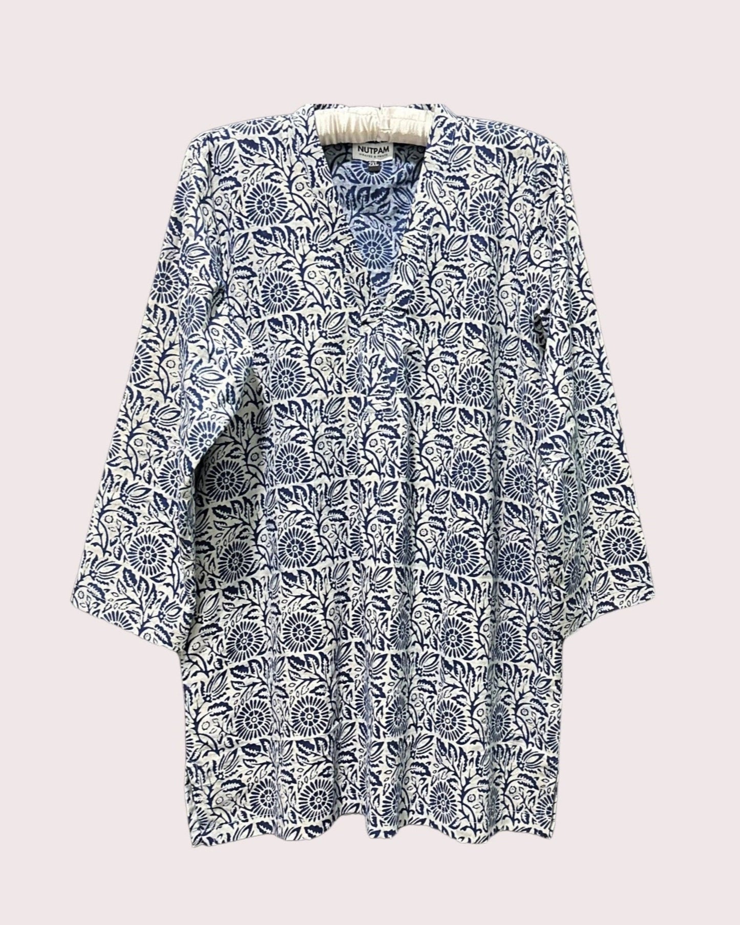 Women's Cotton Kurta (2XL) - Indigo V-Neck Hand Block Print