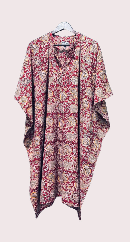 Women's Pure Cotton Hand-Block Print Long Kaftan - Warm Red Kalamkari