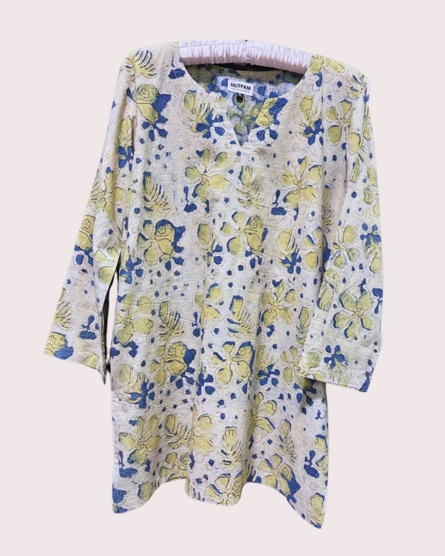 Women's Cotton Short Kurta (XL) -  Pale Green Ajrak