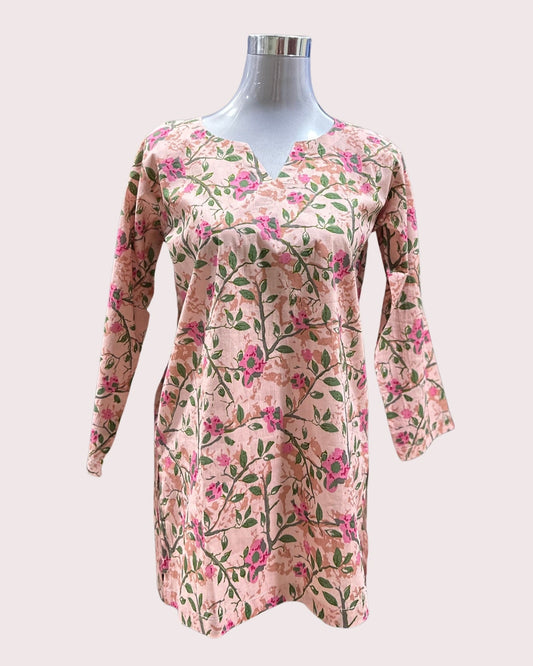 Women's Cotton Short Kurta (M) -  Pink Floral Vines