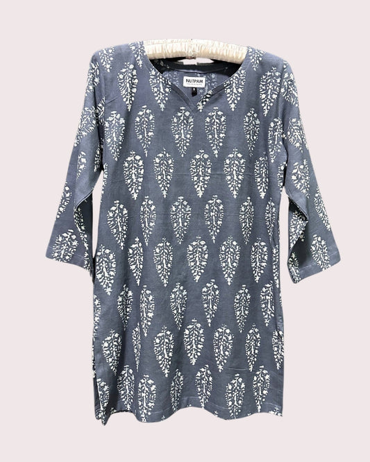 Women's Cotton Kurta (S) -  Soft Grey Tree-Leaf