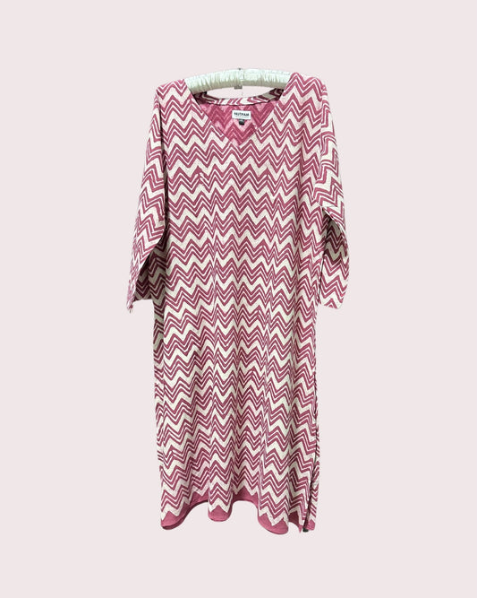 Women's Pure Cotton Hand-Block Print Long Kurta (2XL) - Dark Pink Zig Zag
