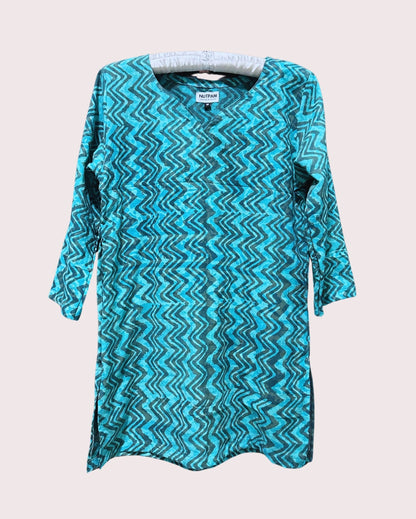 Women's Cotton Kurta (M) -  Turquoise-Navy Zigzag